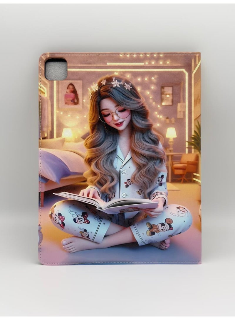 Cat - Cot Cute Aesthetic Girl Reading Illustration Folio Case for iPad Pro 13-inch (2024 Release) | Slim Smart Trifold Stand Cover with Auto Sleep/Wake - Cozy Bedroom Art Design - Image 2
